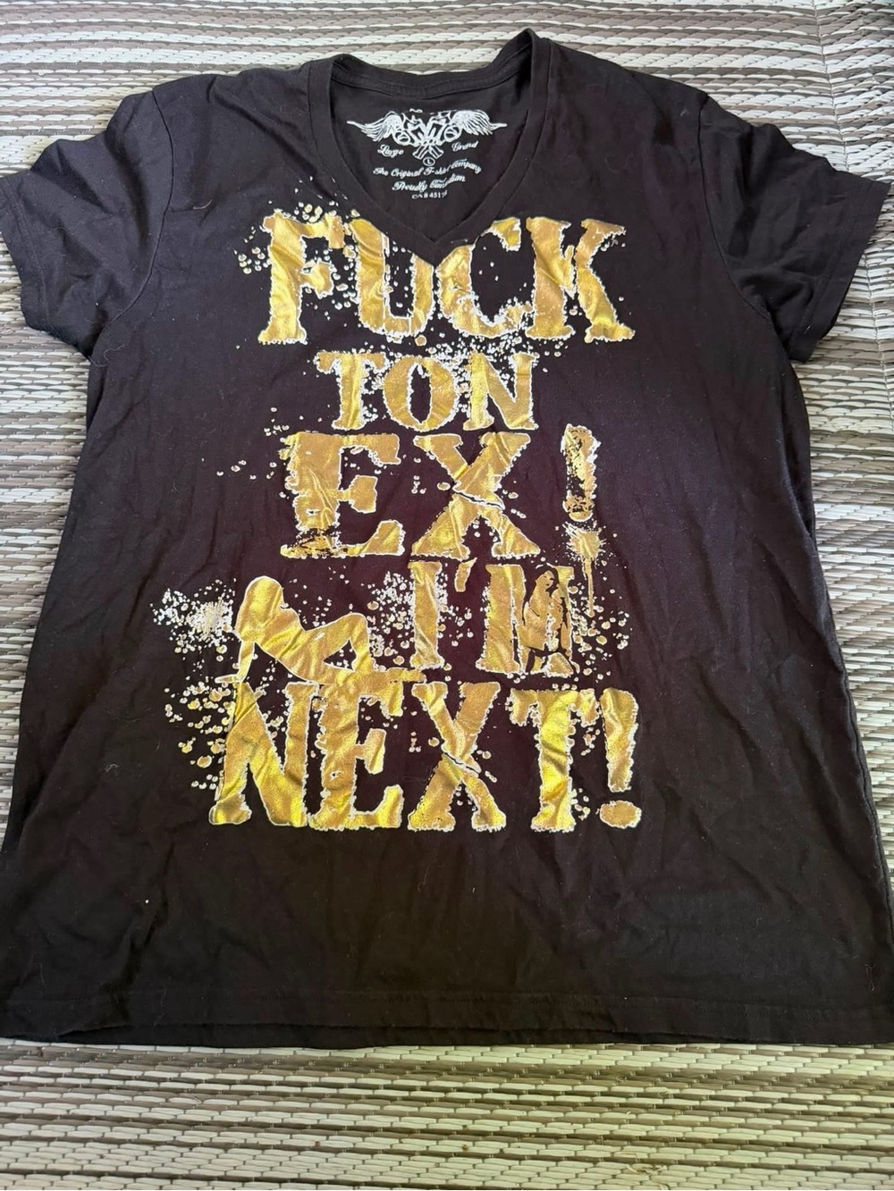 Black V‑Neck Men's Graphic Tee with Gold Print